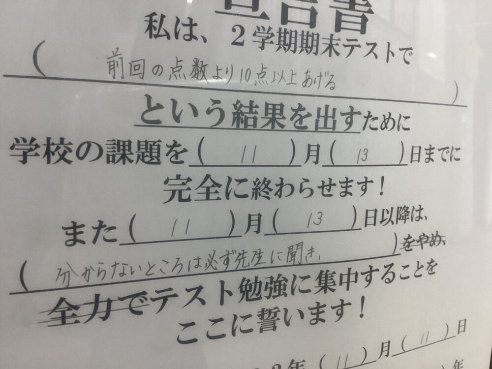 「分からないところは必ず先生に聞く」の宣言書