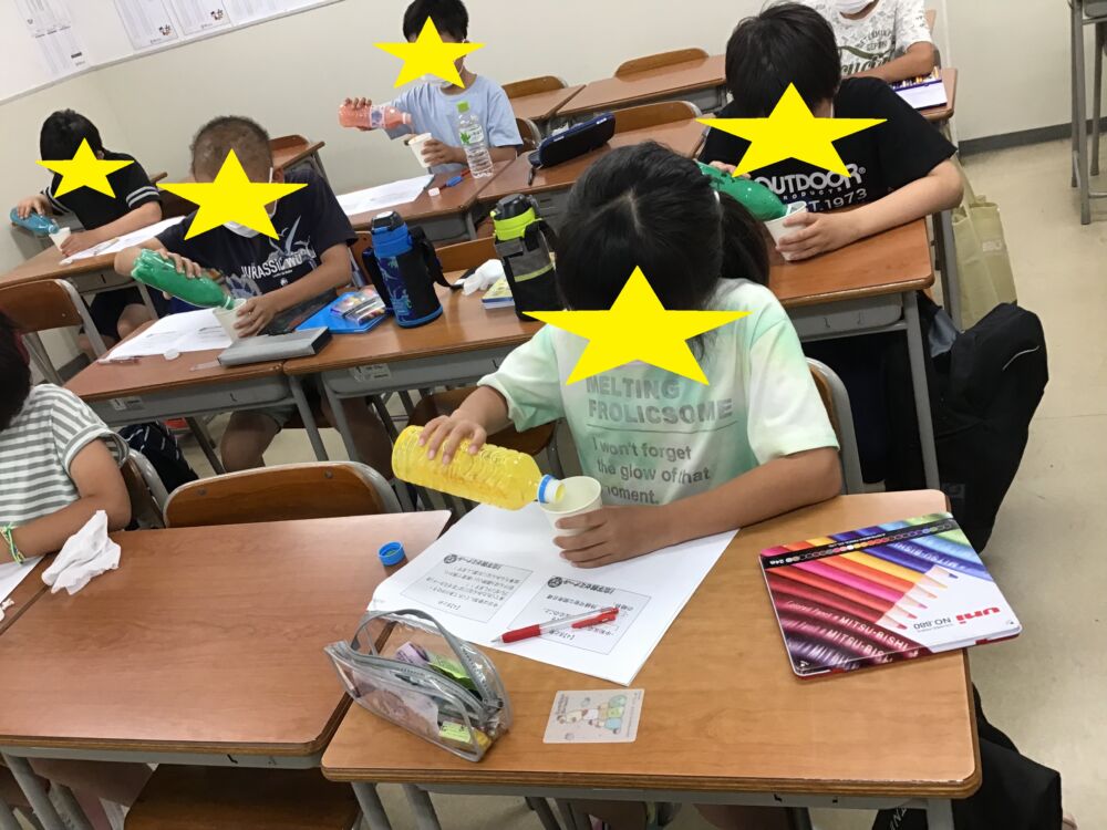 石けんのもとを容器に移す生徒の画像