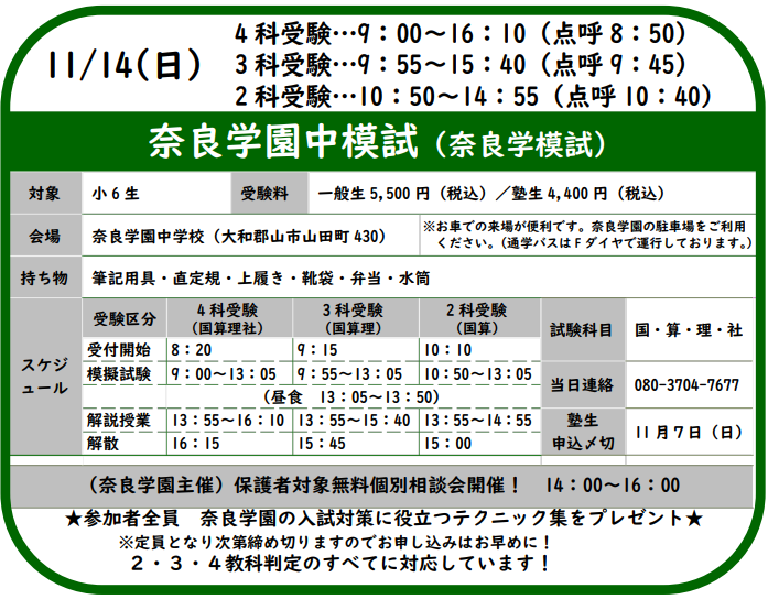 奈良学園中学校模試概要